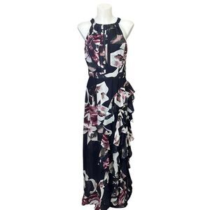 Betsy & Adam Pleated Tie Ruffled Floral Sleeveless Halter Maxi Dress sz 8